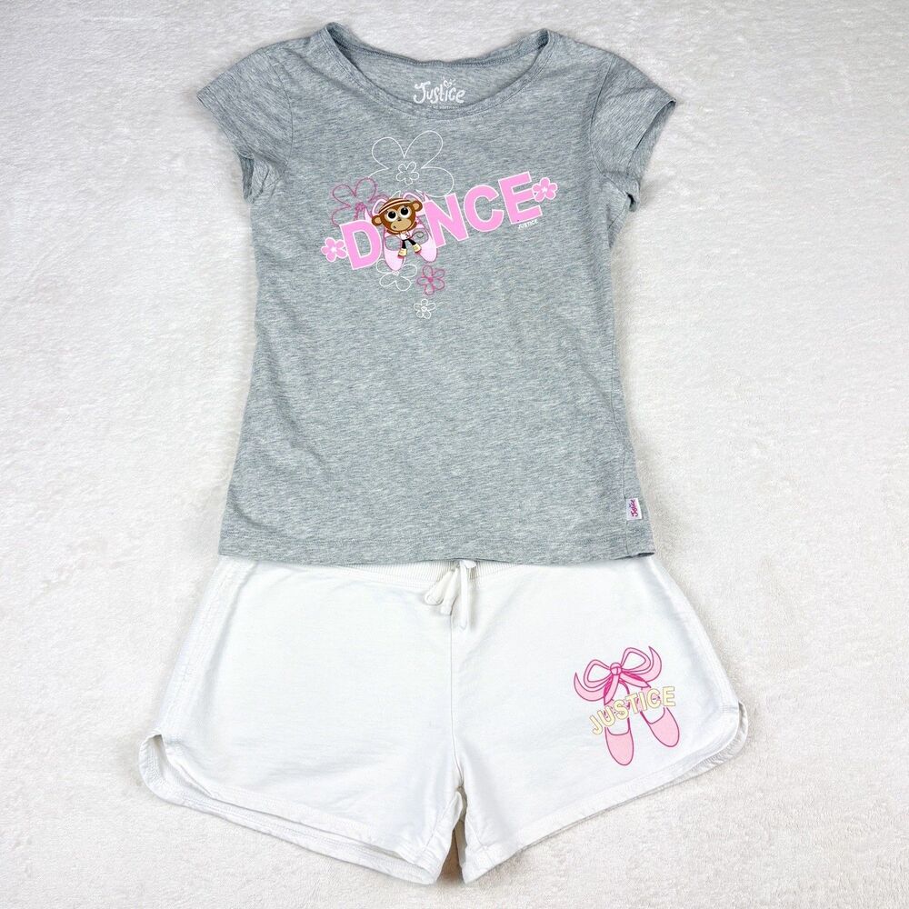 Vintage Y2K Justice Top Shorts 2pc Set Girls 12 Gray White Dance Monkey Graphic